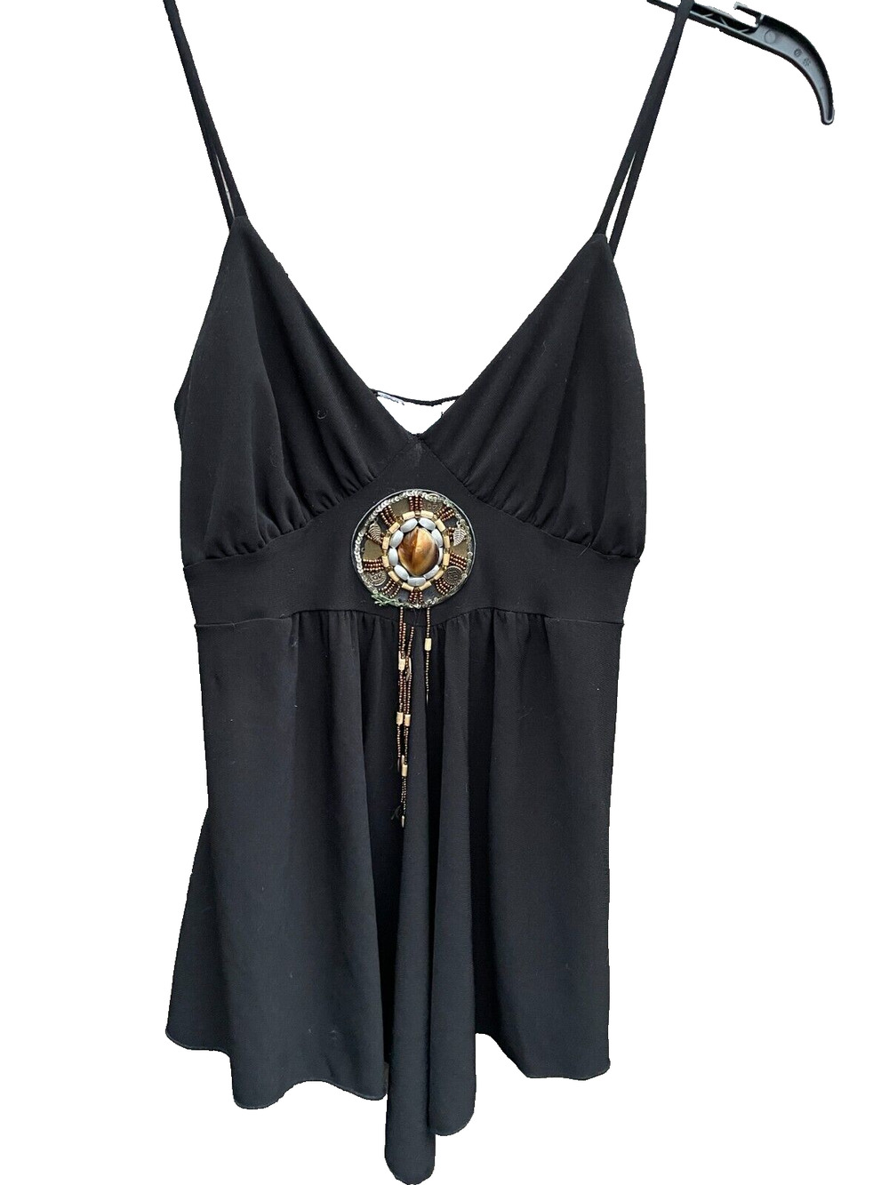VTG ORANGE USA Junior Black Embellished Center Piece Tank Boho Hipster Artsy M
